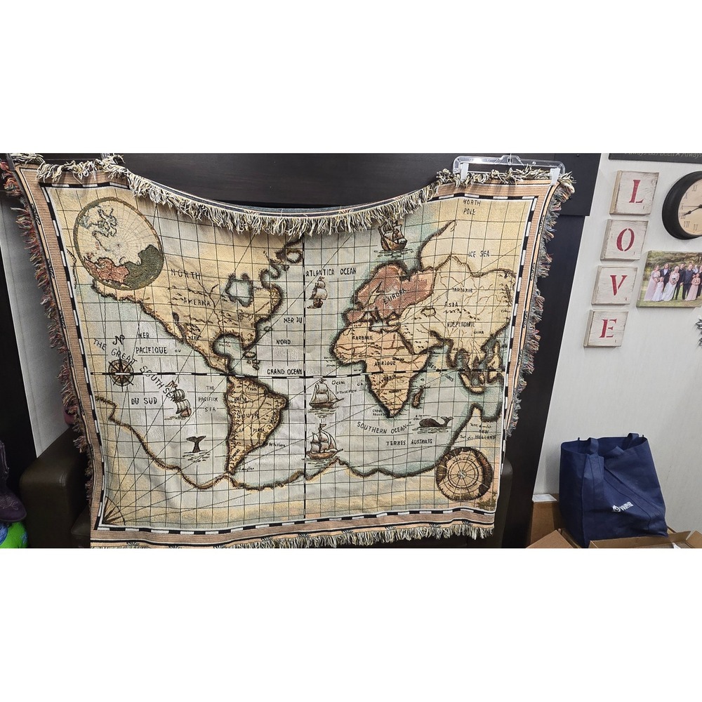 Vintage Woven World Map Tapestry Throw Blanket Antique Nautical Sailing Ships